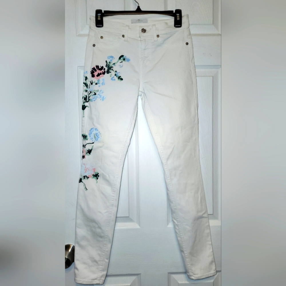Seven For All Mankind Womens White Denim Jeans Size 26x28 Slim Fit Paint Design